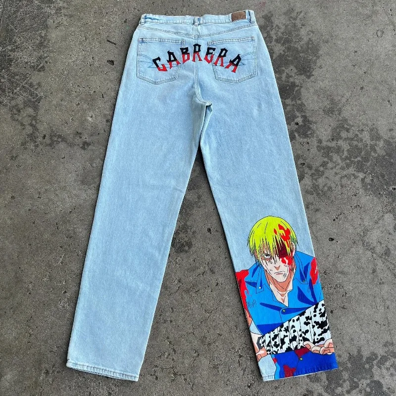 Y2k Jeans Männer Harajuku Anime Hip Hop Print Muster Jeans hoch taillierte Jeans größte Streetwear Ropa ästhetische Hose mit weitem Bein