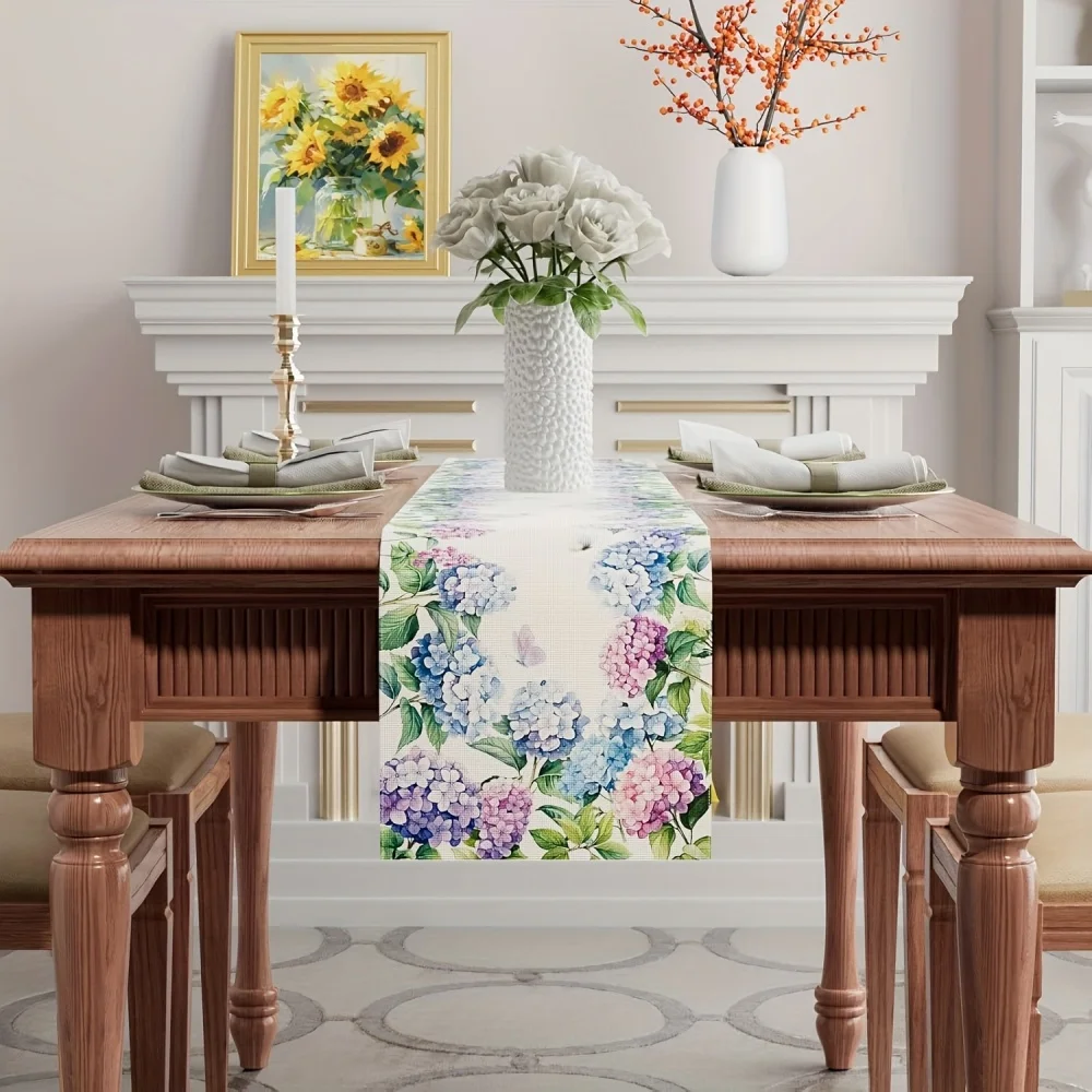 1pc, Purple Hydrangeas Flowers Leaves Butterfly Spring Table Runner Burlap Table Decoration for Summer Seasonal Home