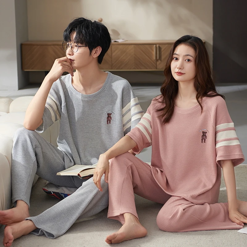 Summer Short Sleeve Pyjamas Lovers Cotton Couple Pajama Sets Women/Men Sleepwear Fashion Sport style Nightgown Home Clothes