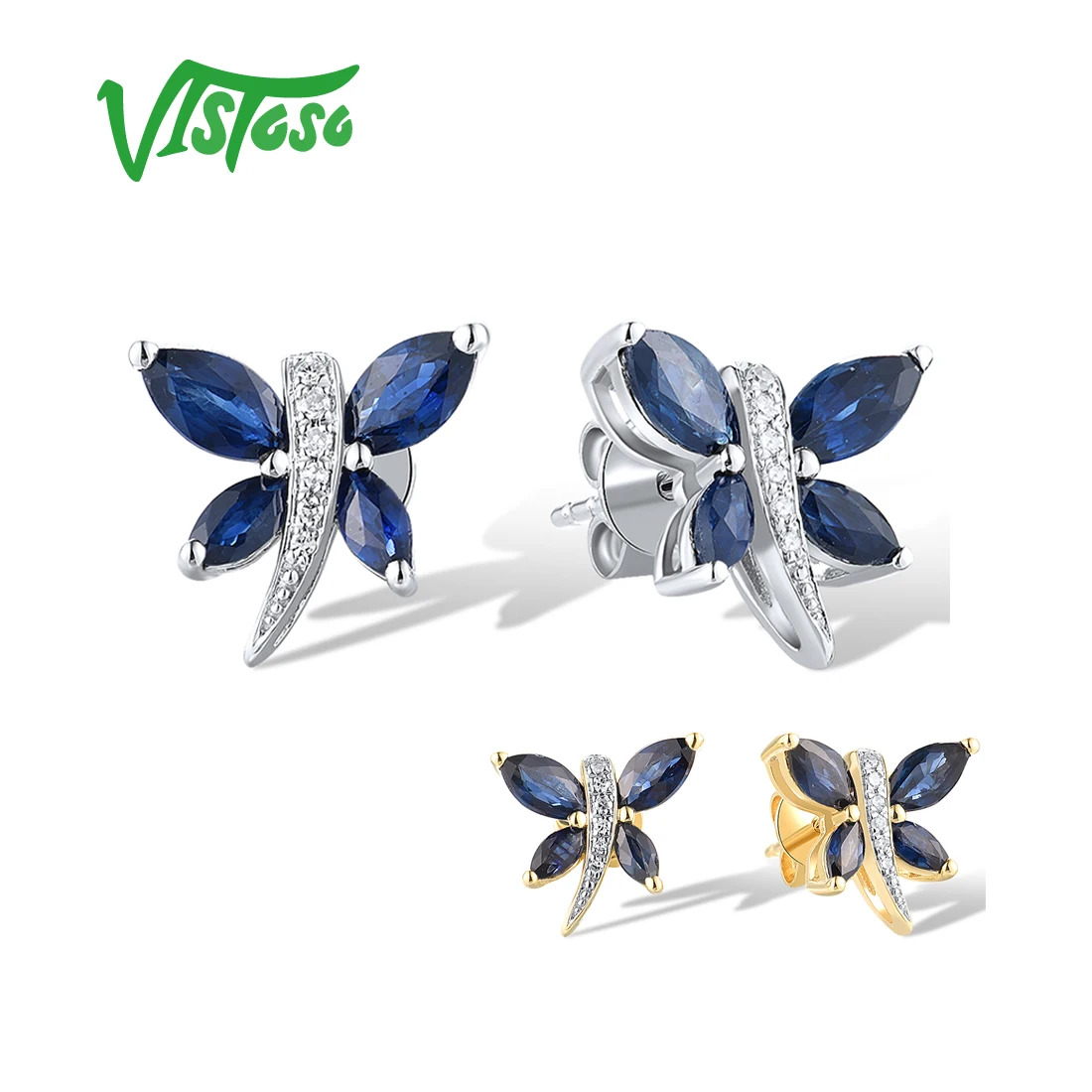 

VISTOSO Real 14K 585 White Rose Gold Earrings For Women Sparkling Diamonds Blue Sapphire Wedding Anniversary Chic Fine Jewelry