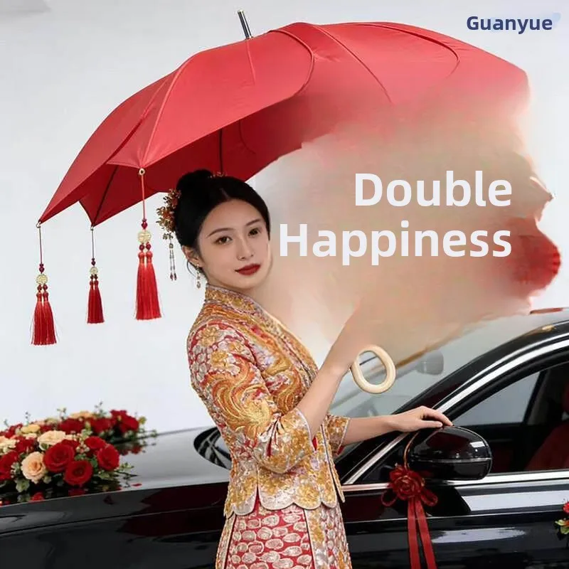 

Свадебный красный зонт с длинной ручкой, зонт-лепесток для подружек невесты, зонт от дождя, для свадебных торжеств, ручная работа, деревянная ручка, железный каркас