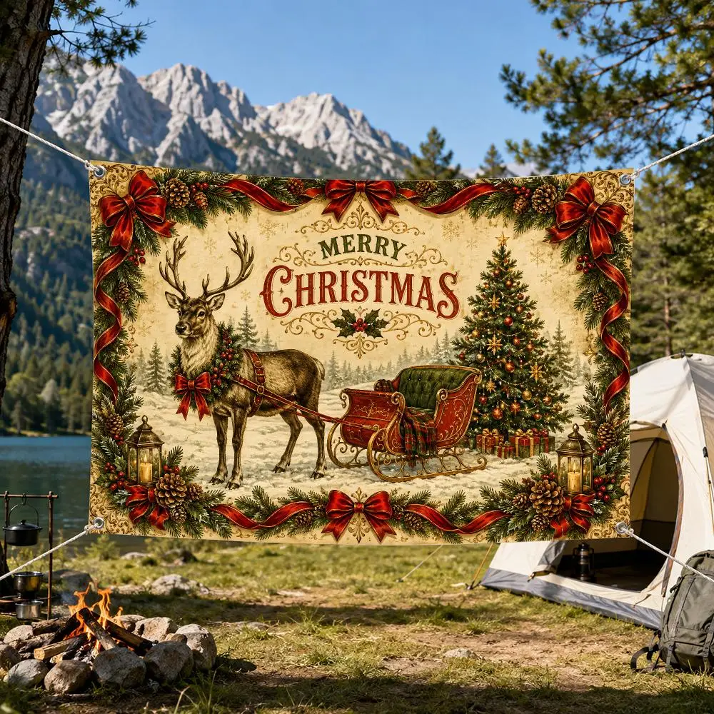 Vintage Christmas Flag Vivid Print Durable Easy Hang Reusable Indoor Outdoor Porch Yard Wall Decor Tree Reindeer Sleigh Flags
