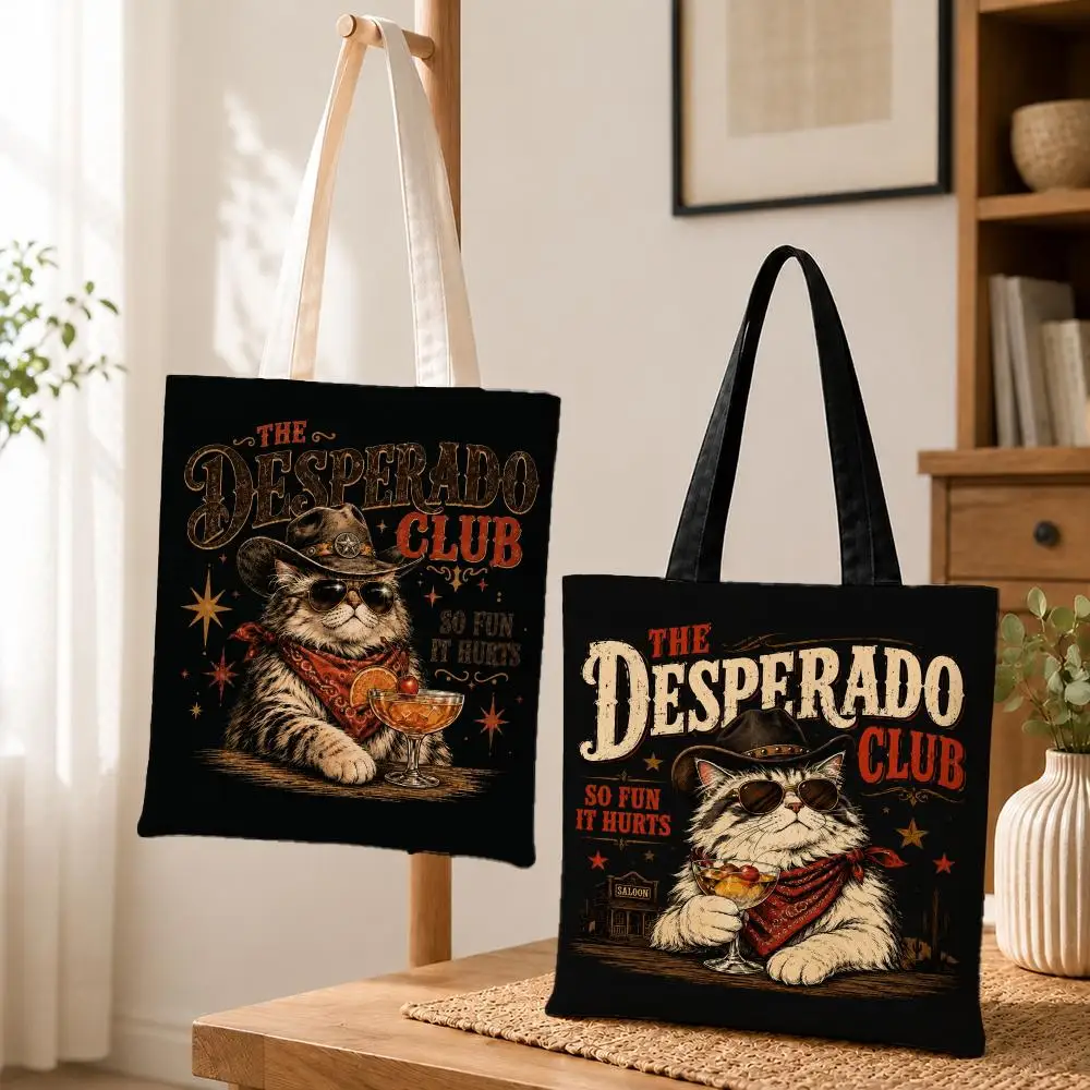 American Retro Western Cat Storage Bags Canvas Tote Bag Printed Reusable Shopping Bag Gift