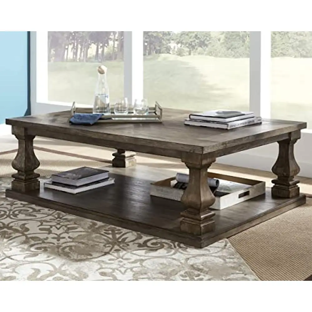 Farmhouse Rectangular Coffee Table Weathered Gray Finish Elm Veneer Home Living Room Dining Display Furniture Wood 54