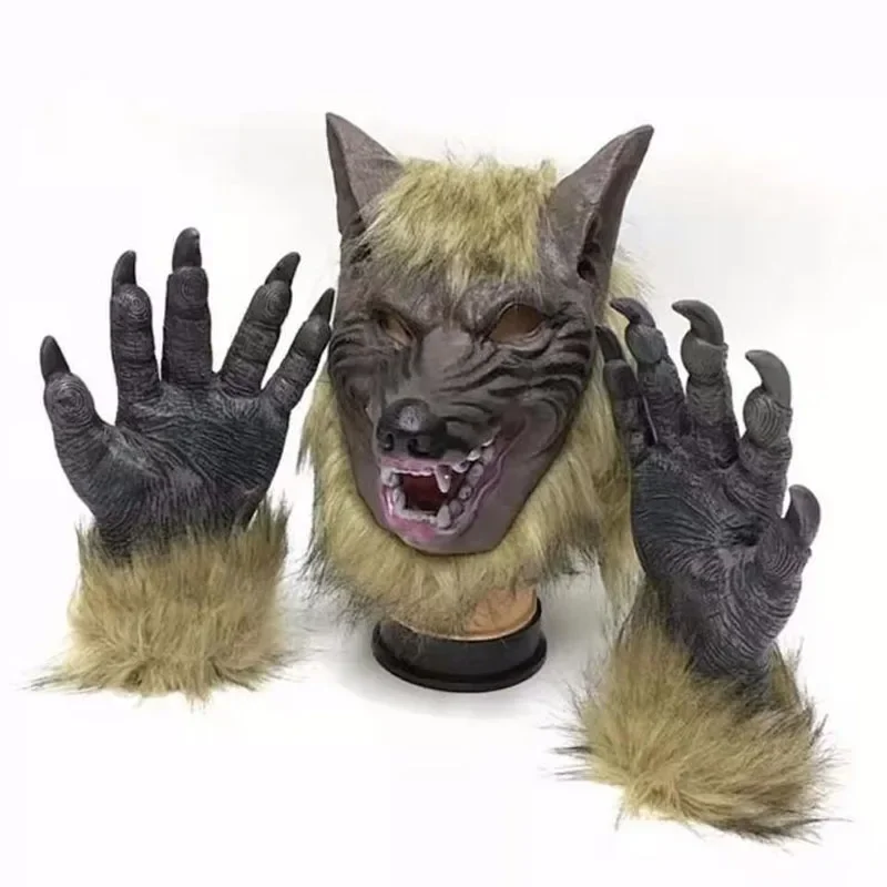 

Werewolf Costume Party Mask Wolf Gloves Cosplay Halloween Masquerade Rubber Wolf Head Hair Mask Werewolf Gloves Mask Scary Decor