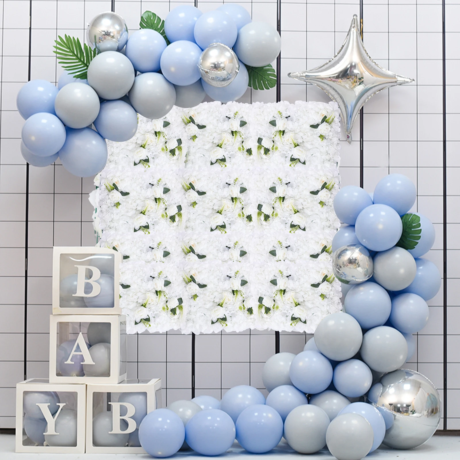 Flower Wall Panel Floral Backdrop - 6 Pcs Green and White Flower Wall Decor, 24