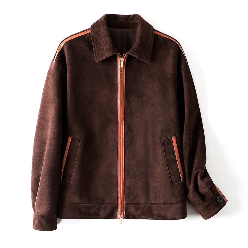 Chaquetas de piel de cabra importadas de piel auténtica para mujer, chaquetas de piel de oveja informales a rayas con empalme de café Retro para otoño e invierno, 2025