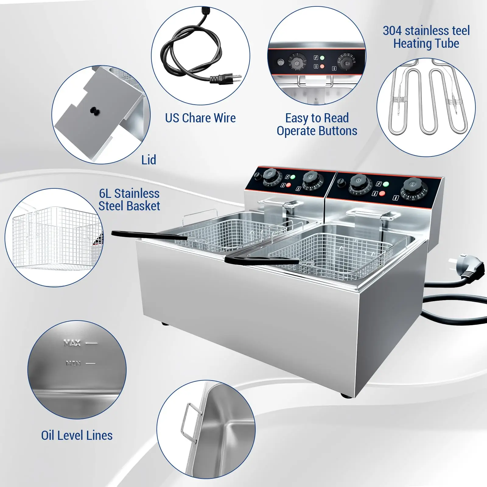 6/8/11L مقلاة كهربائية تجارية عميقة 1500/3000 واط حماية السلامة قابل للتعديل درجة الحرارة 1/2 سلال الفولاذ المقاوم للصدأ للمطبخ المنزلي