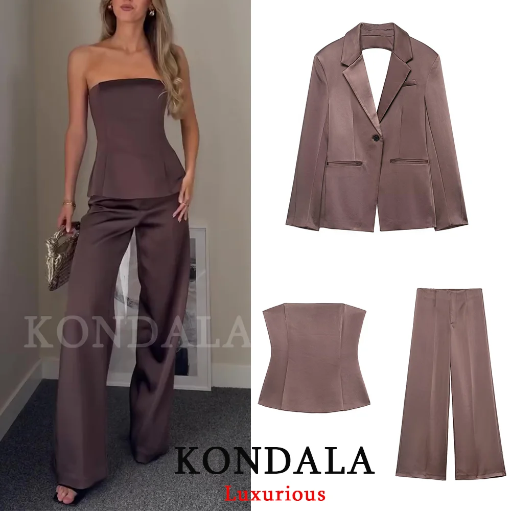 KONDALA خمر شيك براون الساتان النساء الدعاوى صديرية دائرية عارية الذراعين السترة السراويل المستقيمة موضة 2025 الخريف مكتب سيدة الدعاوى الحفلات #1