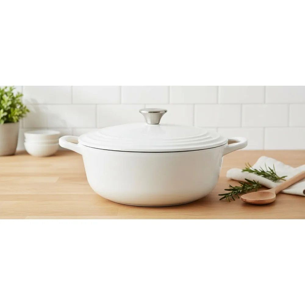 

2.25 Quart Enameled Cast Iron Braiser Pan with Lid - White Shallow Casserole for Searing, Stews & Baking
