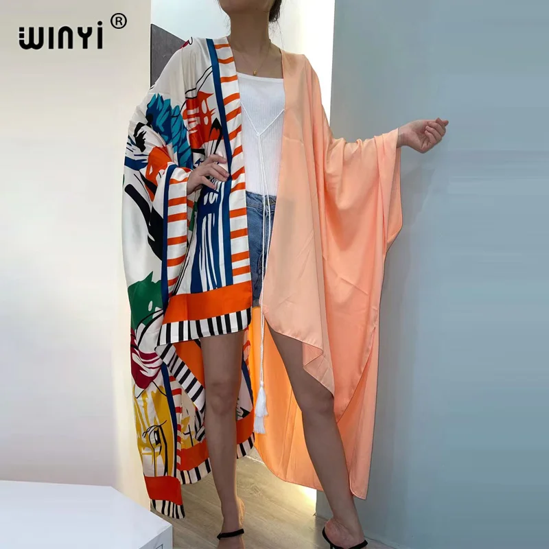 

2021 WINYI America summer Women Cardigan Loose short Dress Cocktail Party Boho Maxi African Holiday Batwing Sleeve Silk Robe