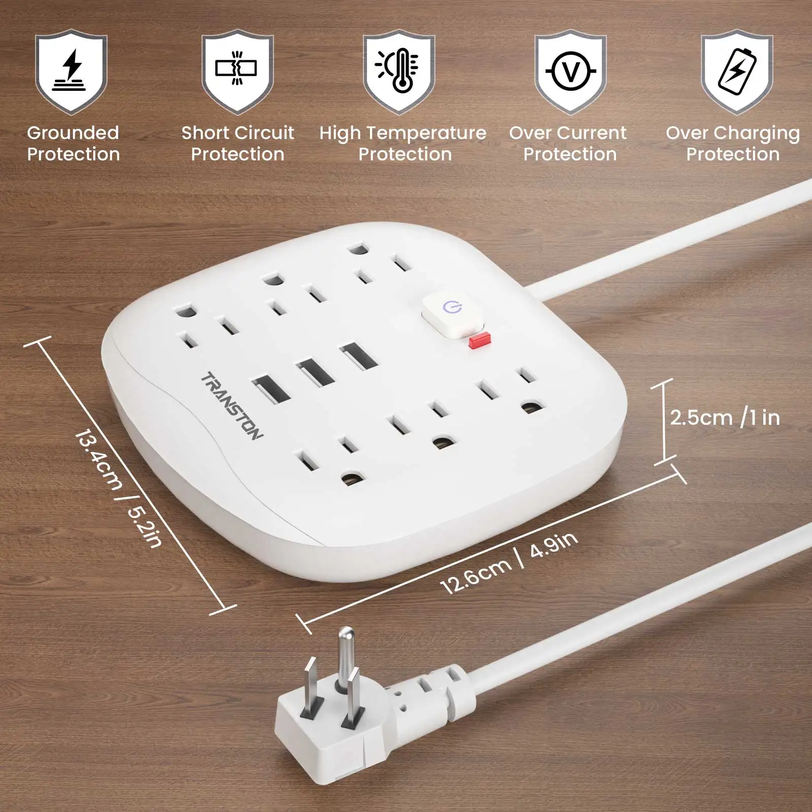 서지 보호 장치가 있는 전원 콘센트, 소켓 6개 USB 포트 3개, 연장 코드 3.3피트, 내화성, 가정 및 사무실용, 흰색