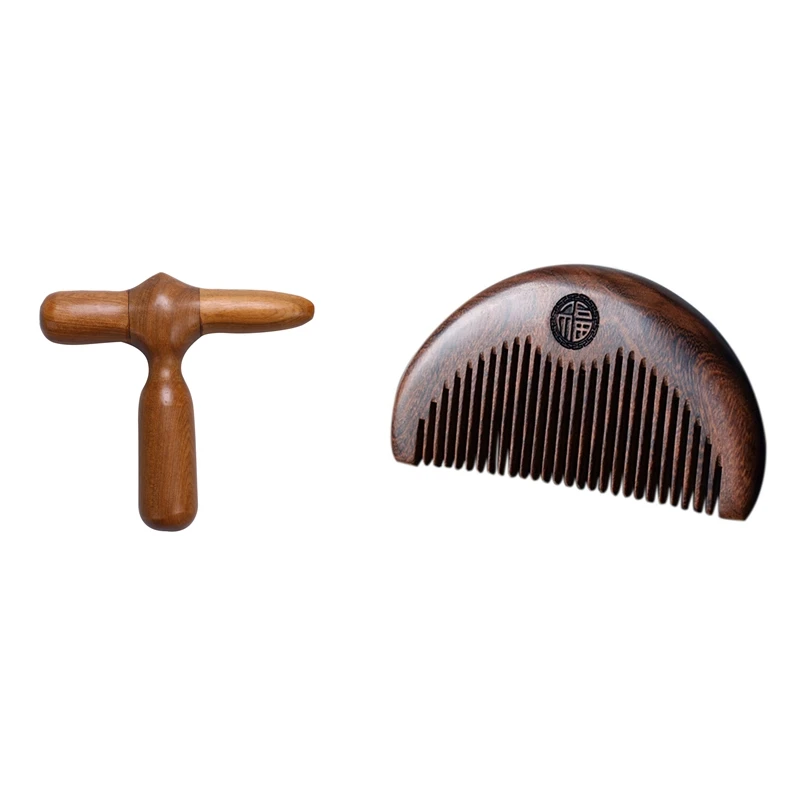 1Pcs Cross Hammer Wood Hand Foot Leg Massager & 1 Pcs Sandalwood Combs Pocket Comb Massage Comb Hair Comb