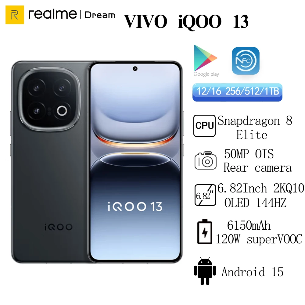 كاميرا خلفية ViVO iQOO 13 6150mAh 120W SuperVOOC Snapdragon 8 Elite 50MP جديدة OIS 6.82 بوصة 2K Q10 OLED 144 هرتز أندرويد 15 IP68 69