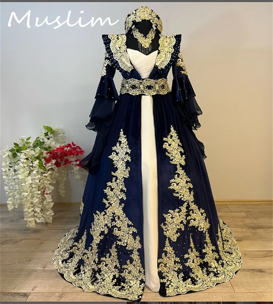 Navy Moroccan Evening Dress 2025 Gorgeous Long Sleeve Saudi Arabic Abaya Prom Dress Turkish Applique Lace Formal Gown Customized