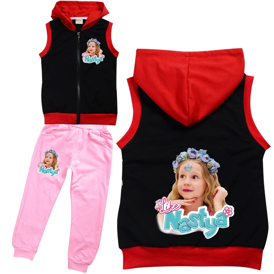 Lovely Russia Like Nastya Costume Kids Sleeveless Zipper Jacket Pants 2pcs Set Baby Girls Outfits Boys Sportsuit Children\'s Sets