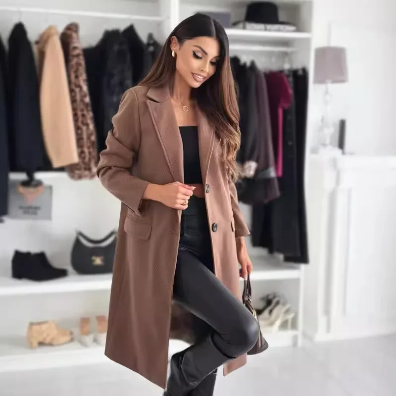 أزياء المرأة معطف أنيق طويل الإناث طويلة الأكمام زر بلاكيت الخريف معطف دعوى طوق المرأة سجل خندق