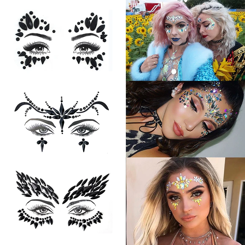 52 Styles Crystal Face Eyes Tattoo Sticker Festival Jewels Rhinestone Adhesive Temporary Tattoos Sexy Shiny Gems Beauty Stickers