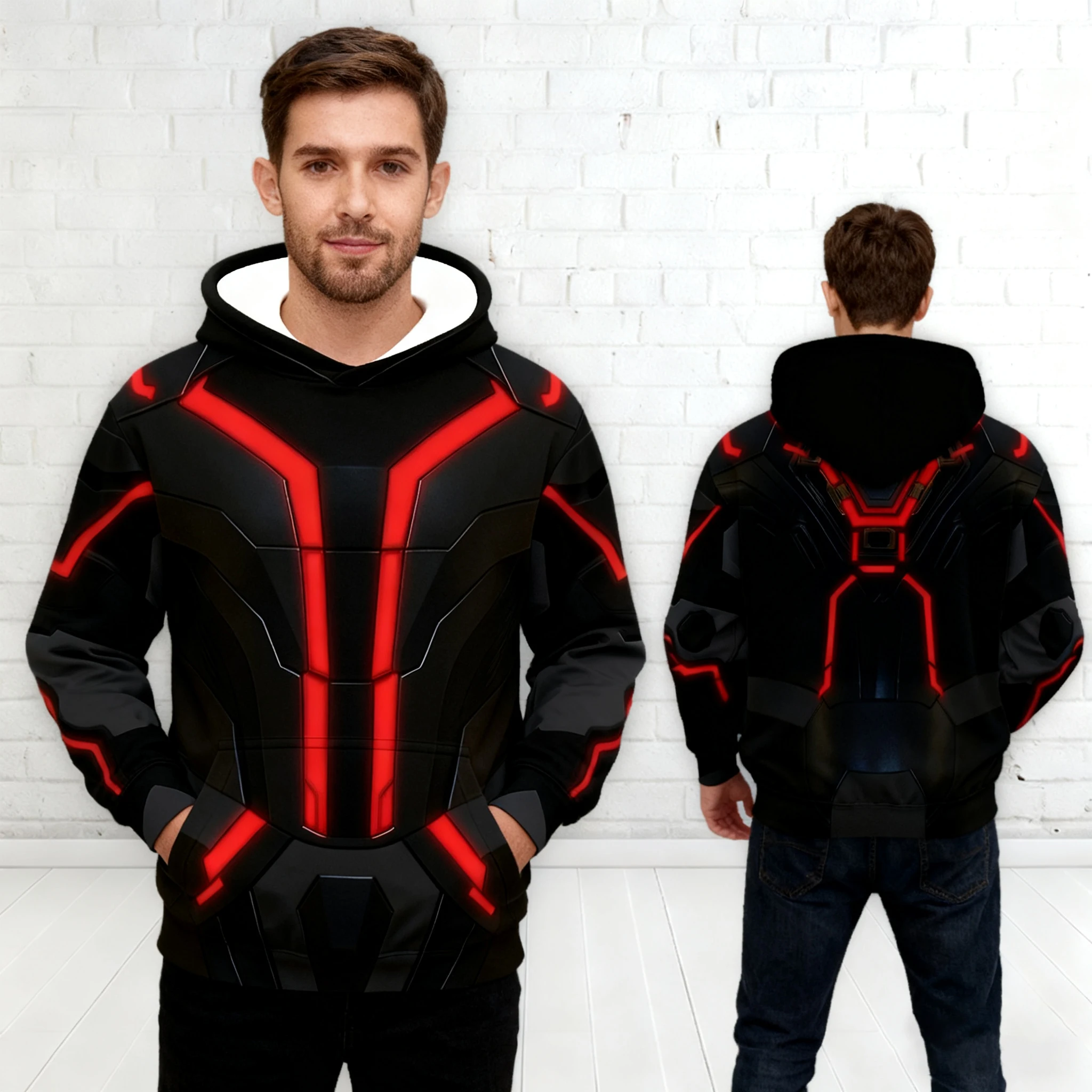 Disfraz de Halloween Estilo Cyberpunk TRON Ares Sudadera con capucha de circuito rojo | Ropa de calle futurista para hombres, recién llegado de otoño invierno