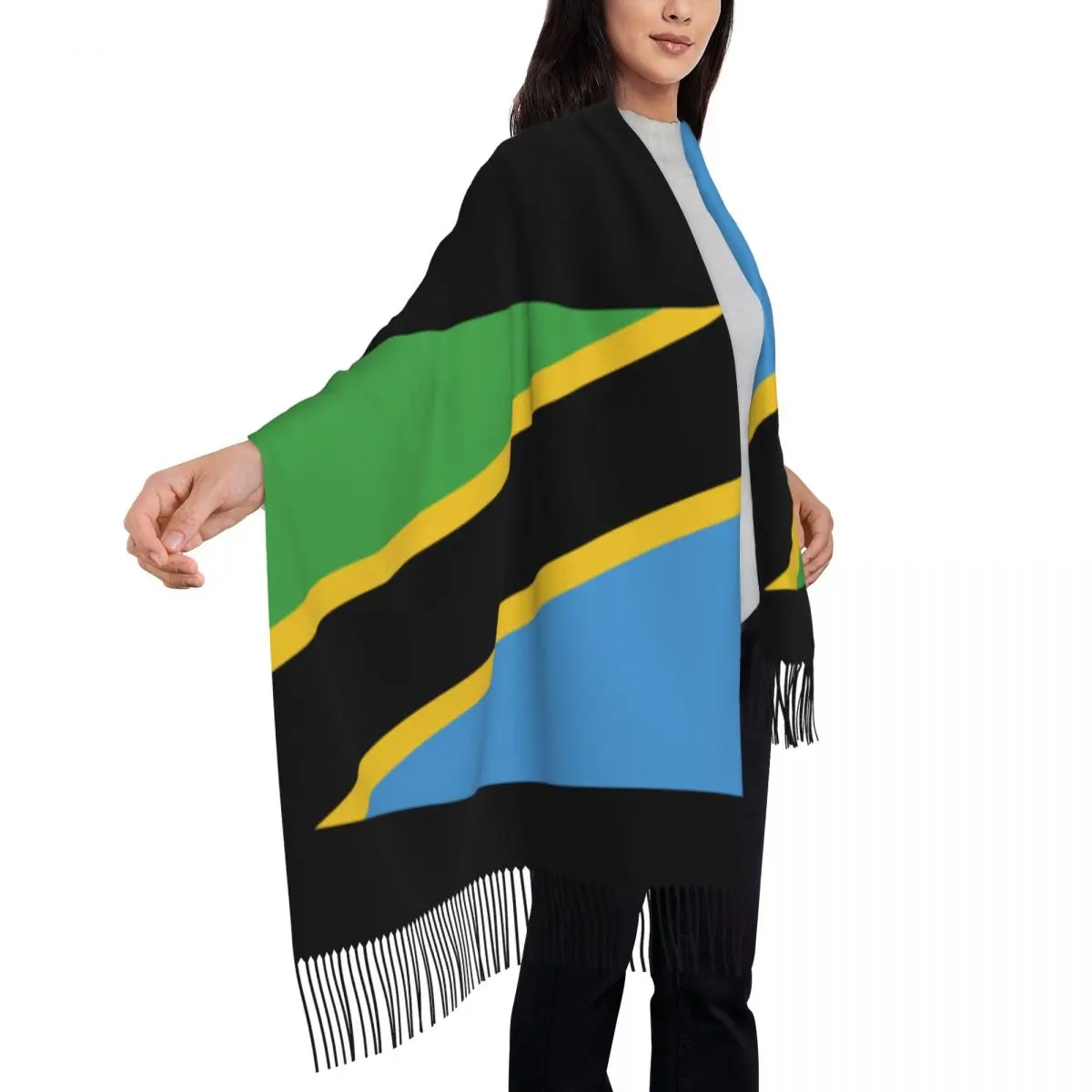 Personalized Printed Tanzania Flag Long Pile Fringe Men Scarf Women\'S Anti Chill Scarf