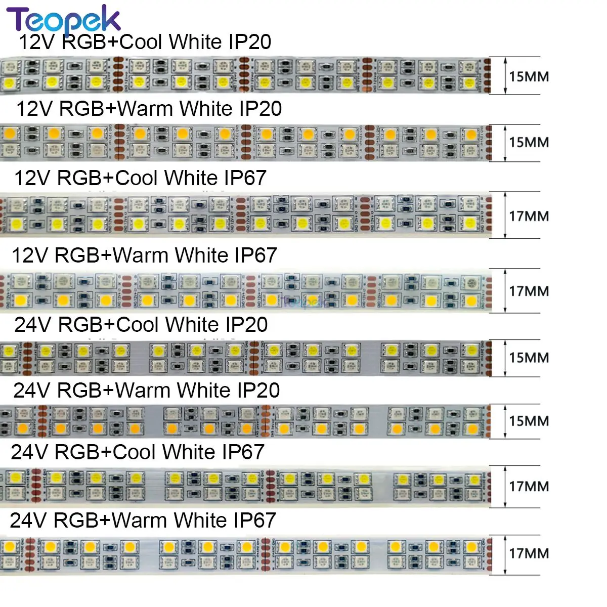 Double Row 5050 RGBW RGBWW RGB Cool White Warm White Flexible LED Strips DC12V 24V 5M/roll 120led/M 600LEDs 15mm PCB