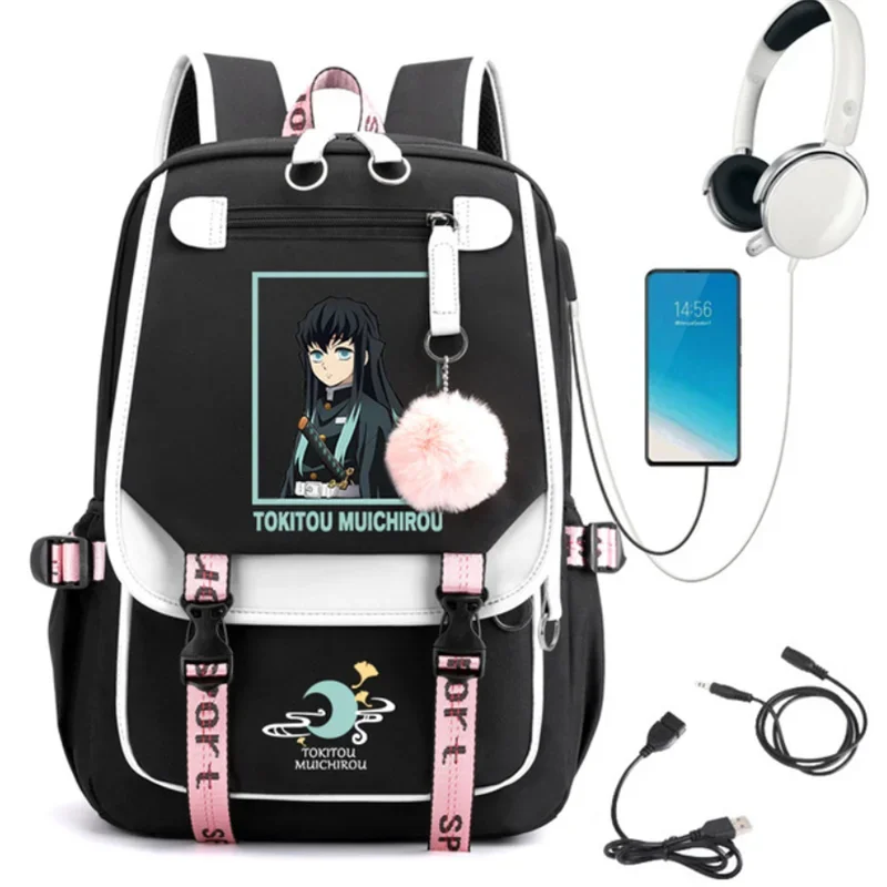 Mochila de Anime Demon Slayer Tokitou Muichirou para hombres y mujeres, bolso escolar para adolescentes, bolso para computadora portátil USB, bolso de hombro de viaje para exteriores