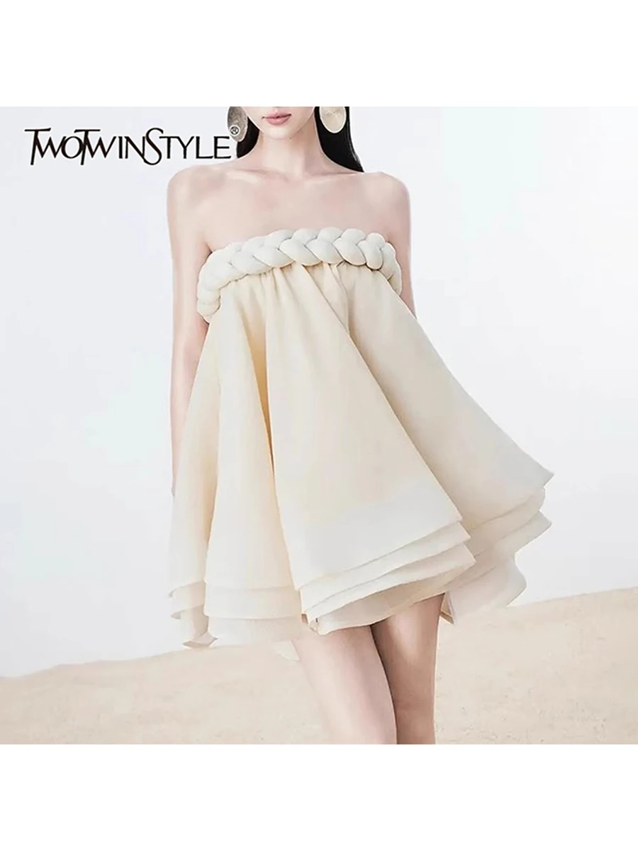 

TWOTWINSTYLE Solid Chic Loose Casual Dresses For Women Strapless Sleeveless Temperament Minimalist Dress Female Fashion Style