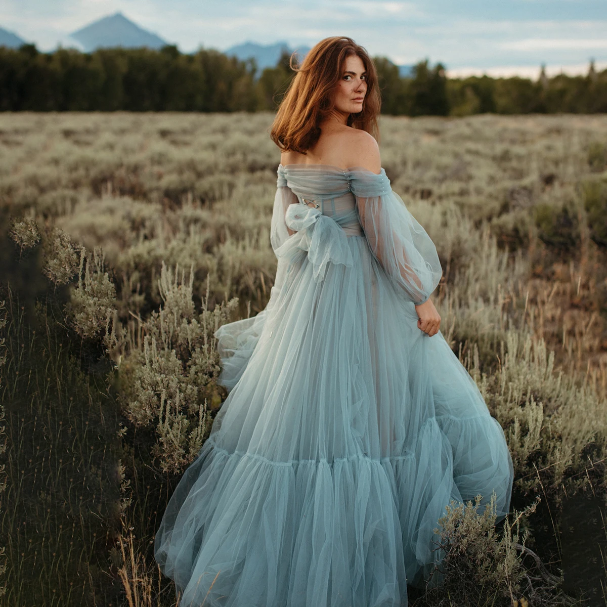 Long Billowing Sleeves Flowy Tulle Maternity Photoshoot Gowns A Line Floor Length Self Tie Belt Ruching Mesh Colored Bridal Gown