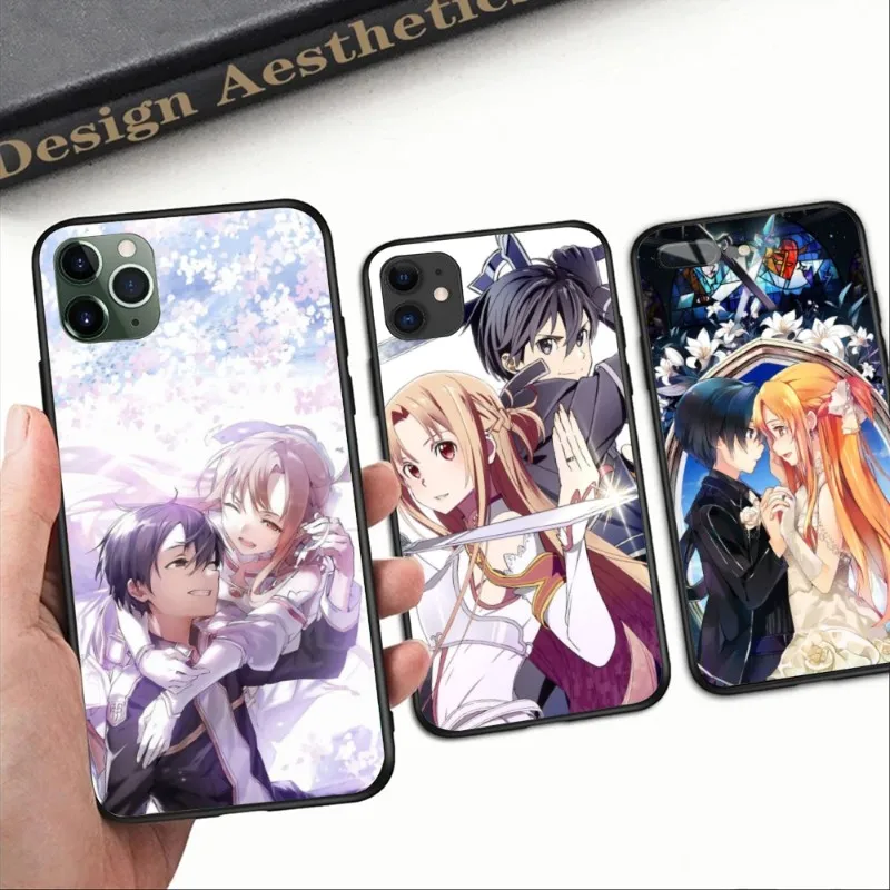 SAO Kirito Asuna Smart Phone Case for iPhone 15 14 13 12 11 XS X 8 7 6 Plus Mini Pro Max SE 2022 Black Soft Phone Cover Funda