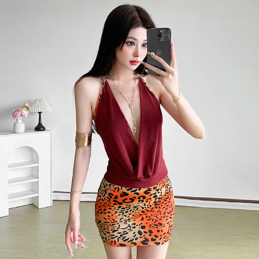 SylCue Mode Patchwork Mini Kleid Frauen Halter Swing Kragen Backless Leopard Print Saum Mitternacht Club Party Elegante Outfits