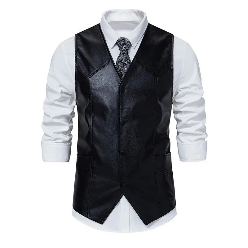 #4850Autumn Winter Faux Leather Vest Waistcoat Men V-neck Single Breasted Men\'s Vest Regular Fit PU Leather Vest Men Solid Color