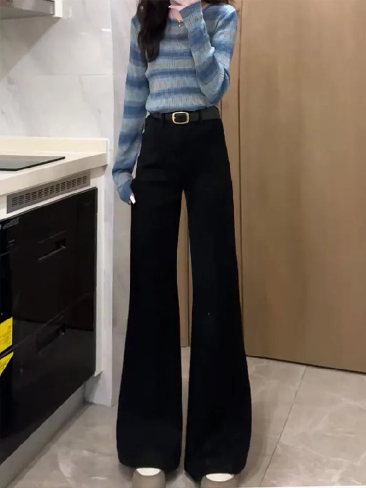 

American Sle Spicy Girl High Waist Fce Lined Floor Length Wide Leg Denim Pants Women's Faion Spring Autumn Winter