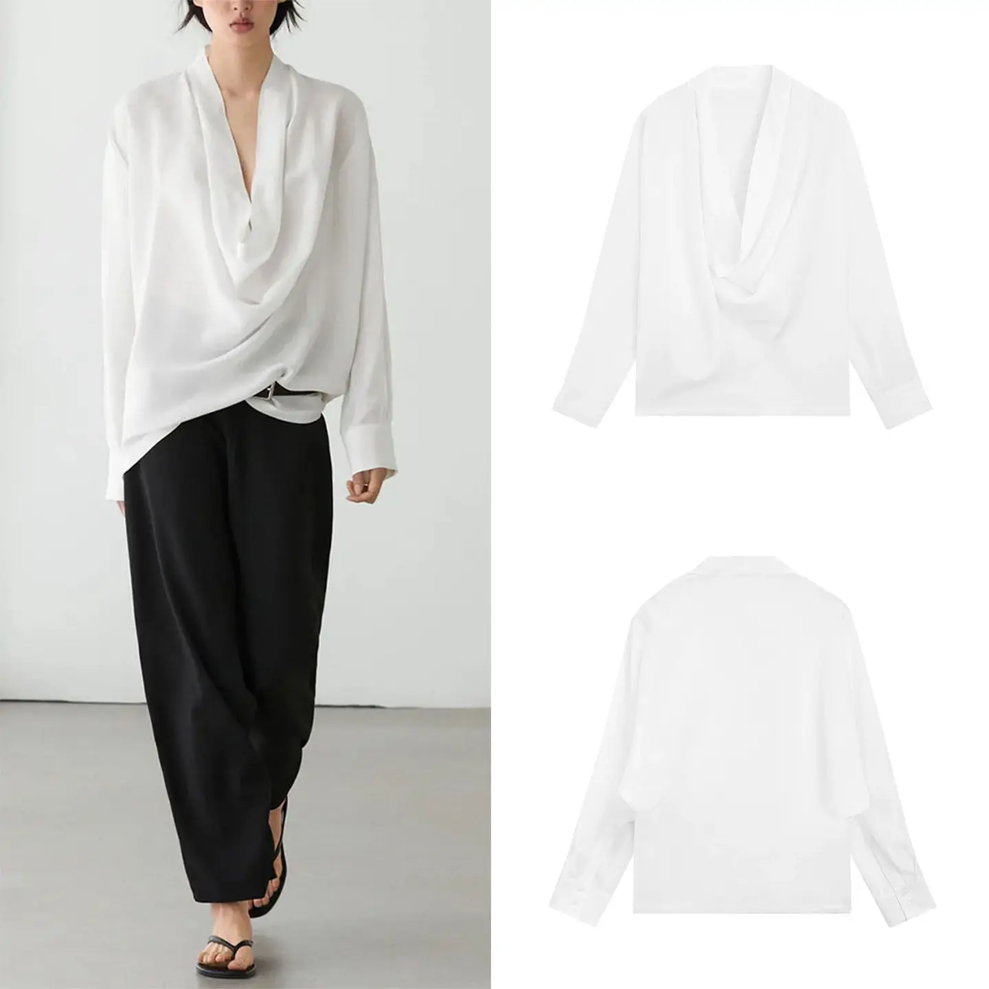 

ZADATA Women's Casual Style Long Sleeve Shirt Draped Gown Collar Simple Summer New Arrival Loose Fit Regular Sleeve Length