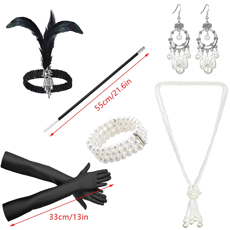 1 Set 1920's Flapper Cosplay Costume Feather Headband Pearl Necklace Long Glove Gatsby Masquerade Accessories