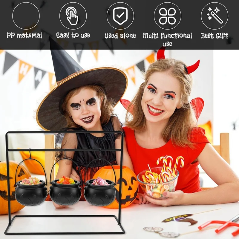 Halloween Cauldron Decor,9Pcs Cauldron Pot, Witches Cauldron Serving Bowls On Rack, Halloween Candy Bowl Candy Holder