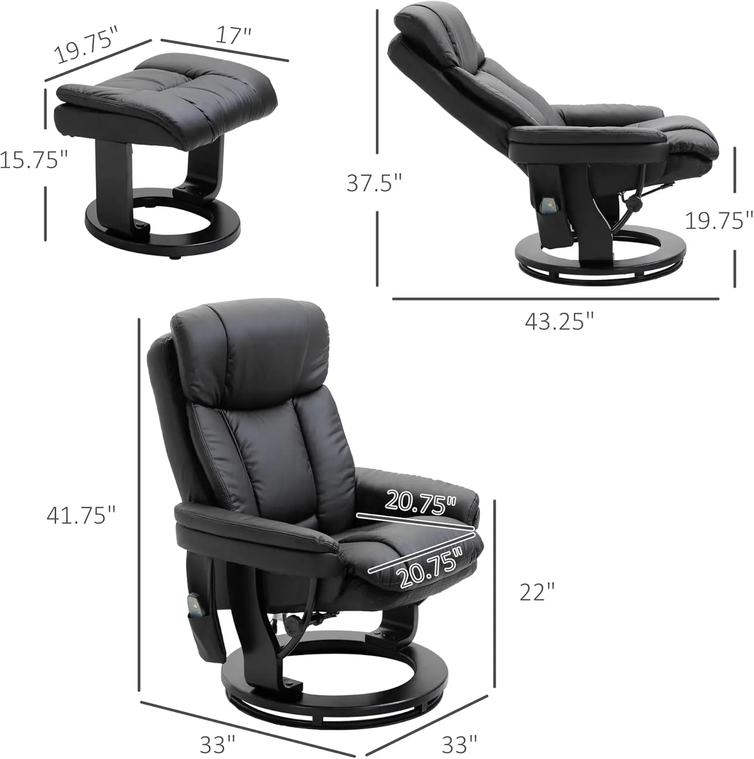 Silla reclinable de masaje de cuero PU con otomana, sillón giratorio de vibración de 10 puntos, negro