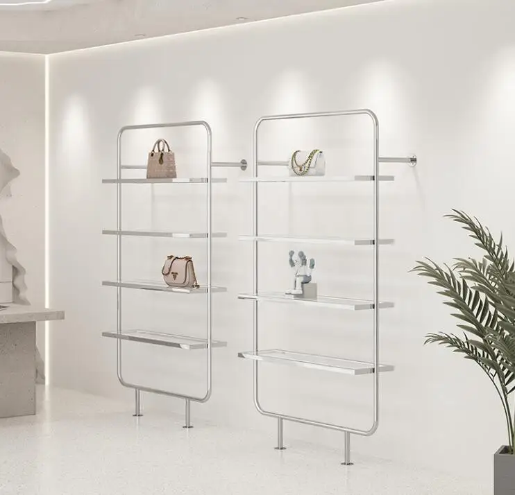 Shoe store Shoe Rack Display Rack Wall mounted Stainless Steel Silver shelf with light Clothing store bag Accessories display