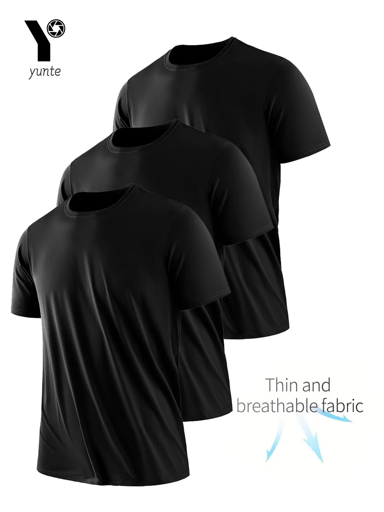 Round Neck T-Shirt 3-Piece Black Ultra-Light Men's Quick-Drying Breathable Sweat-Absorbent Shirt Suitable for Fitness Gym and Ru