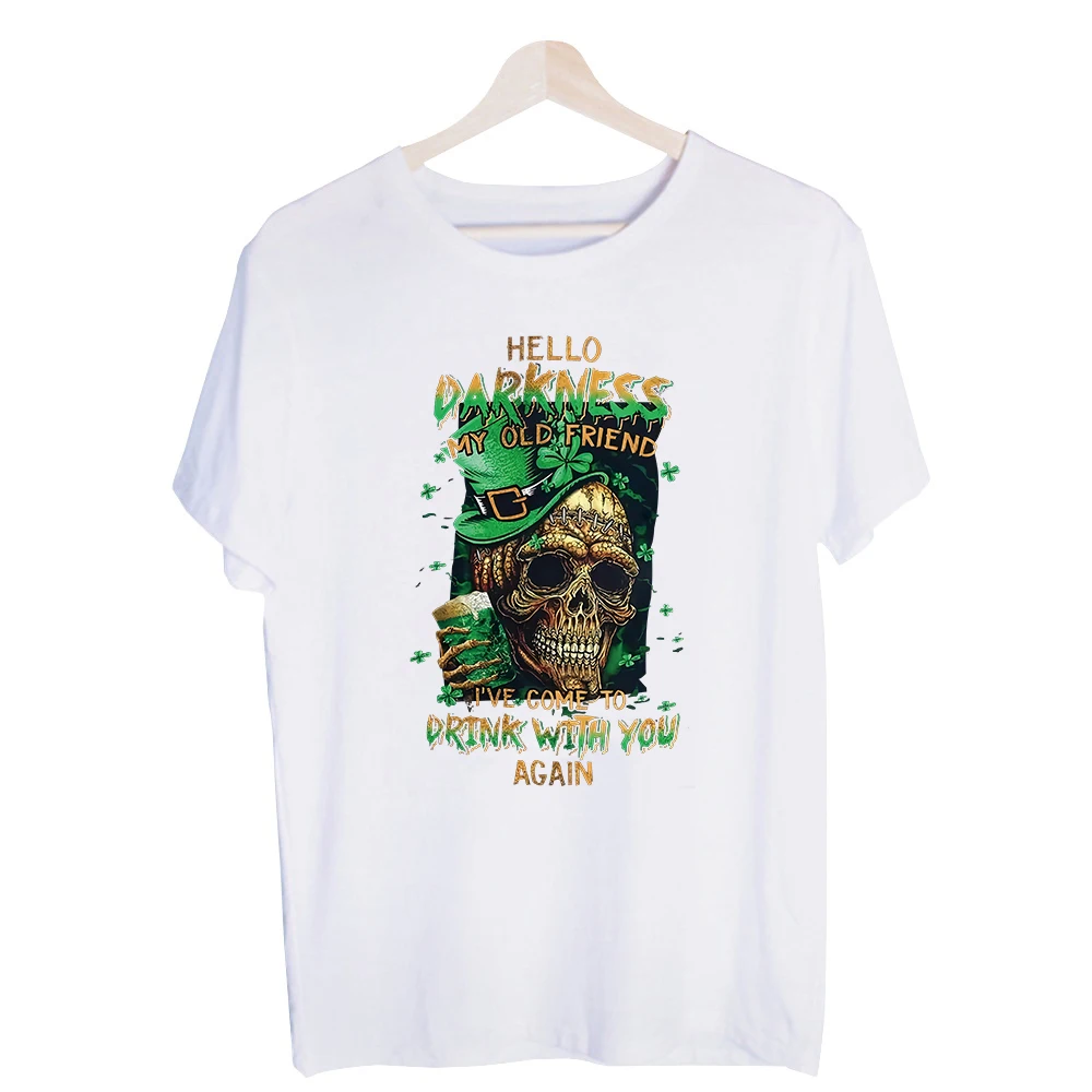 Men's Skull with Leprechaun Hat Graphic Tee, Short Sleeve St. Patrick's Day Casual Shirt for Holiday Celebrations