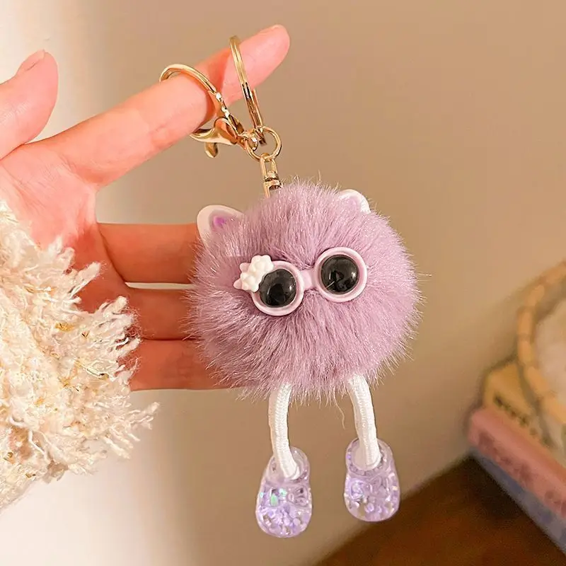 Cute Stars Eye Long Legs Anime Doll Plush Pendant Keychain Faux Mink Fur Cartoon Small Coal Ball Bag Decor Keychain Party Gift