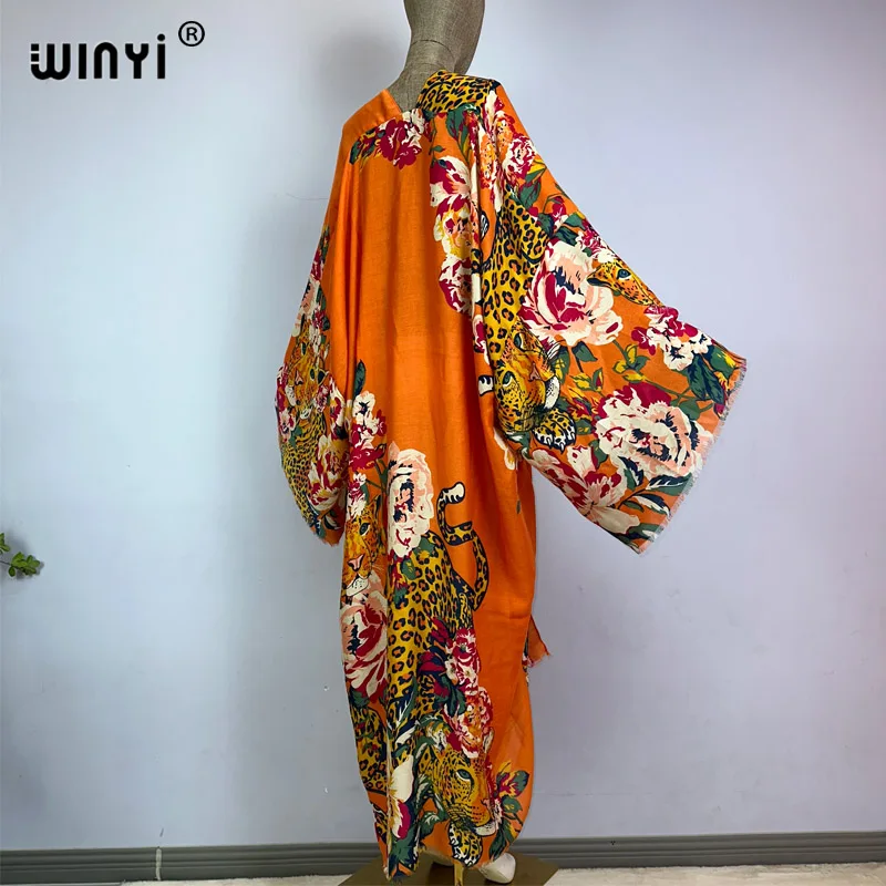 Winyi Zomer Bohemian Luipaard Print Strandkleding Zwempak Cover Up Afrika Vrouwen Vest Kleurrijke Sexy Vakantie Lange Mouw Kimono