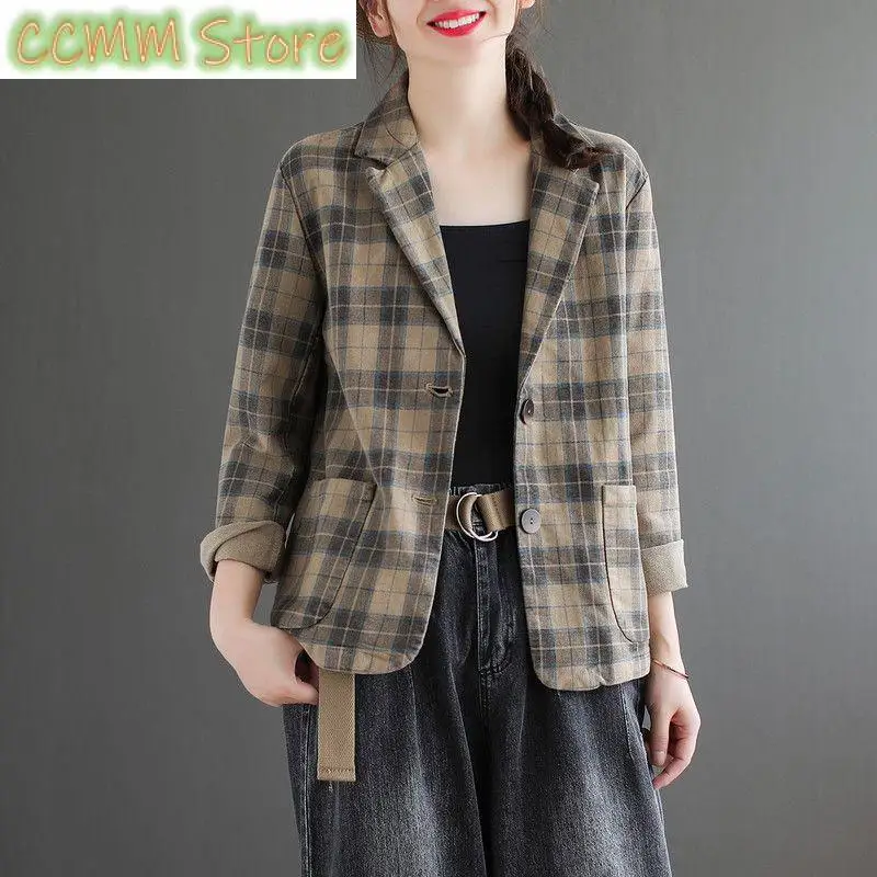 

Fashion Lapel Button Pockets Printed Plaid Blazers Women Clothing Autumn New Loose Long Sleeve Casual Tops All-match Blazer