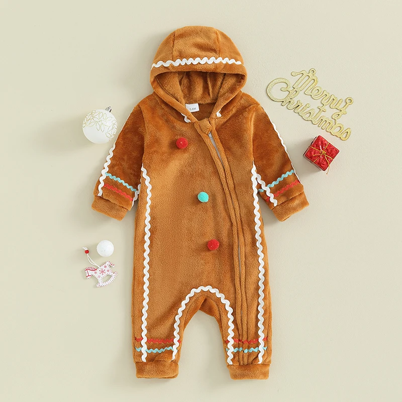 

0-3 Years Baby Boys Girls Christmas Jumpsuits Fuzzy Long Sleeve Rompers Newborn Gingerbread Man Xmas Party Costume