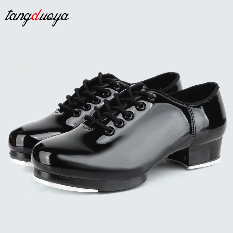 Sapatos de dança de torneira de couro adulto das mulheres dos homens sapatos de chute esportes fundo macio de couro placa de alumínio de alto impacto sapato preto