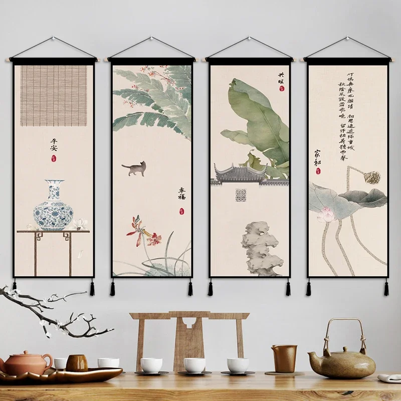 Chinese Style Zen Lotus Hanging Cloth Wall Decoration Tapestry Living Room Background Hanging Painting Room Decor Aesthetic 4pcs