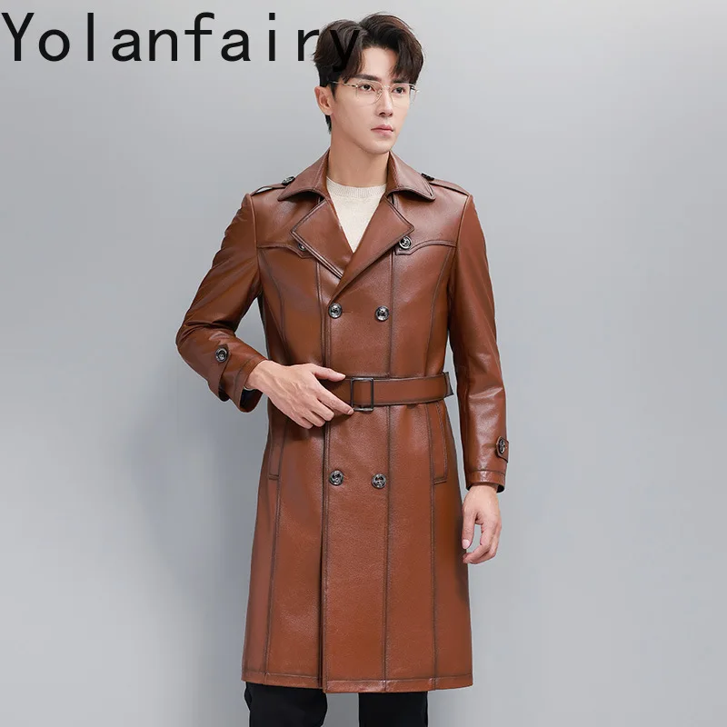 YOLANFAIRY New Fall 2025 Genuine Leather Jacket Men's First Layer Cowhide Leather Trench Coat Double Breasted Long Coats Jackets