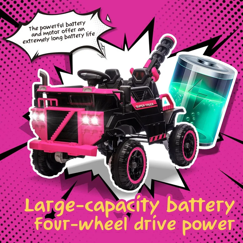 Un bel camion pour enfants 3 places avec un pistolet à eau intégré, un support électrique et un jouet de tour pour bébé rose réglable à 3 vitesses
