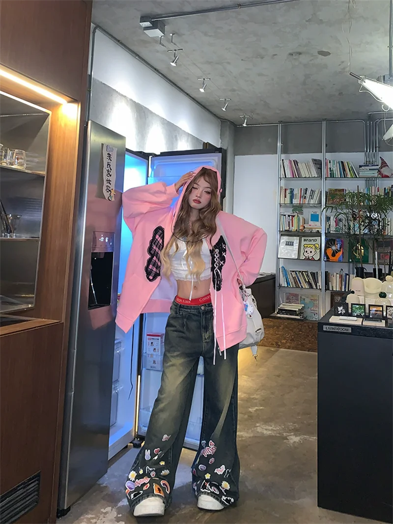 American Retro Graffiti Badge Printed Wide-Leg Jeans Women Autumn Winter Design High Waist Loose Straight Pants