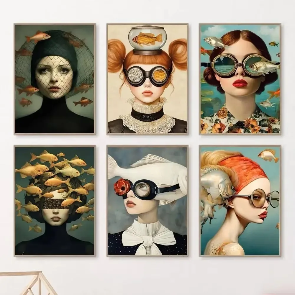 Oil Painting By Number Kit Surrealism Woman Portrait Fish Girl Canvas Wall Art for Adults DIY Home Decor Gift Frameless