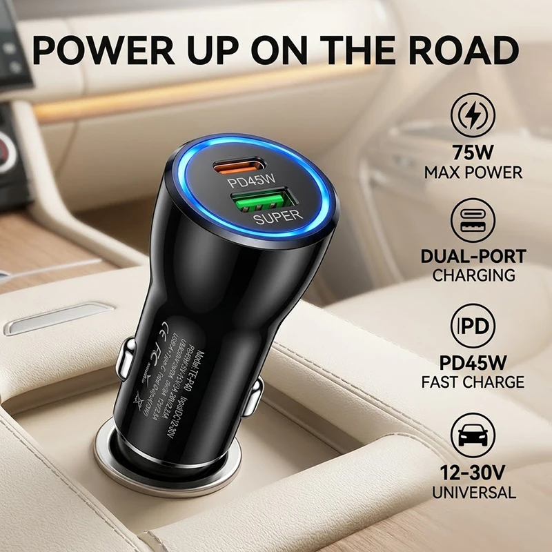 Dual Port 45W USB C Car Charger PD QC3.0 Fast Charging Auto Power Adapter With Blue LED Ring Universal Fits Mobile Phone Tablet